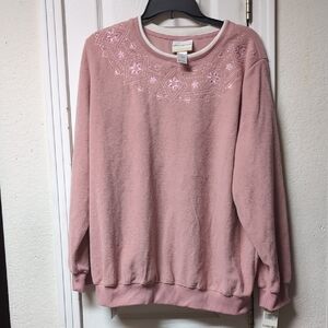 Alfred Dunner Pink Embroidered Crew Neck Sweater